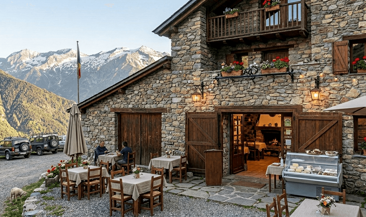 Borda Andorrana dónde se puede apreciar un edificio de piedra, se pueden ver las montañas de fondo, y se pueden observar productos de calidad.