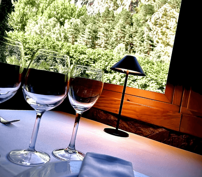 Dos copas de vino y una pequeña lámpara negra sobre una mesa blanca, con una vista panorámica de un denso bosque verde a través de una ventana.