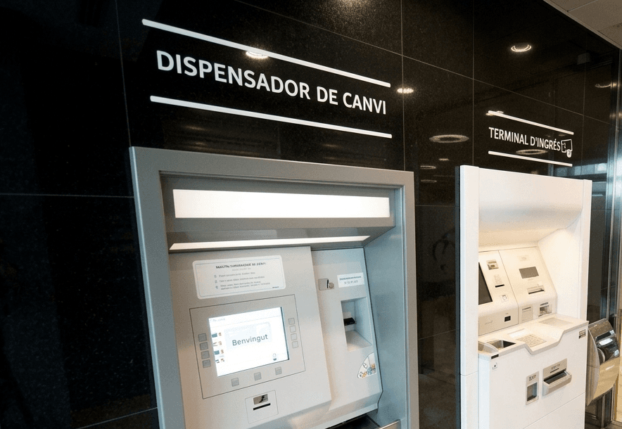 Dos caixers automàtics contra una paret fosca, un etiquetat com a "Dispensador de Canvi" i l'altre com a "Terminal d'Ingrés". La pantalla del caixer esquerre mostra "Benvingut" i opcions d'idioma.