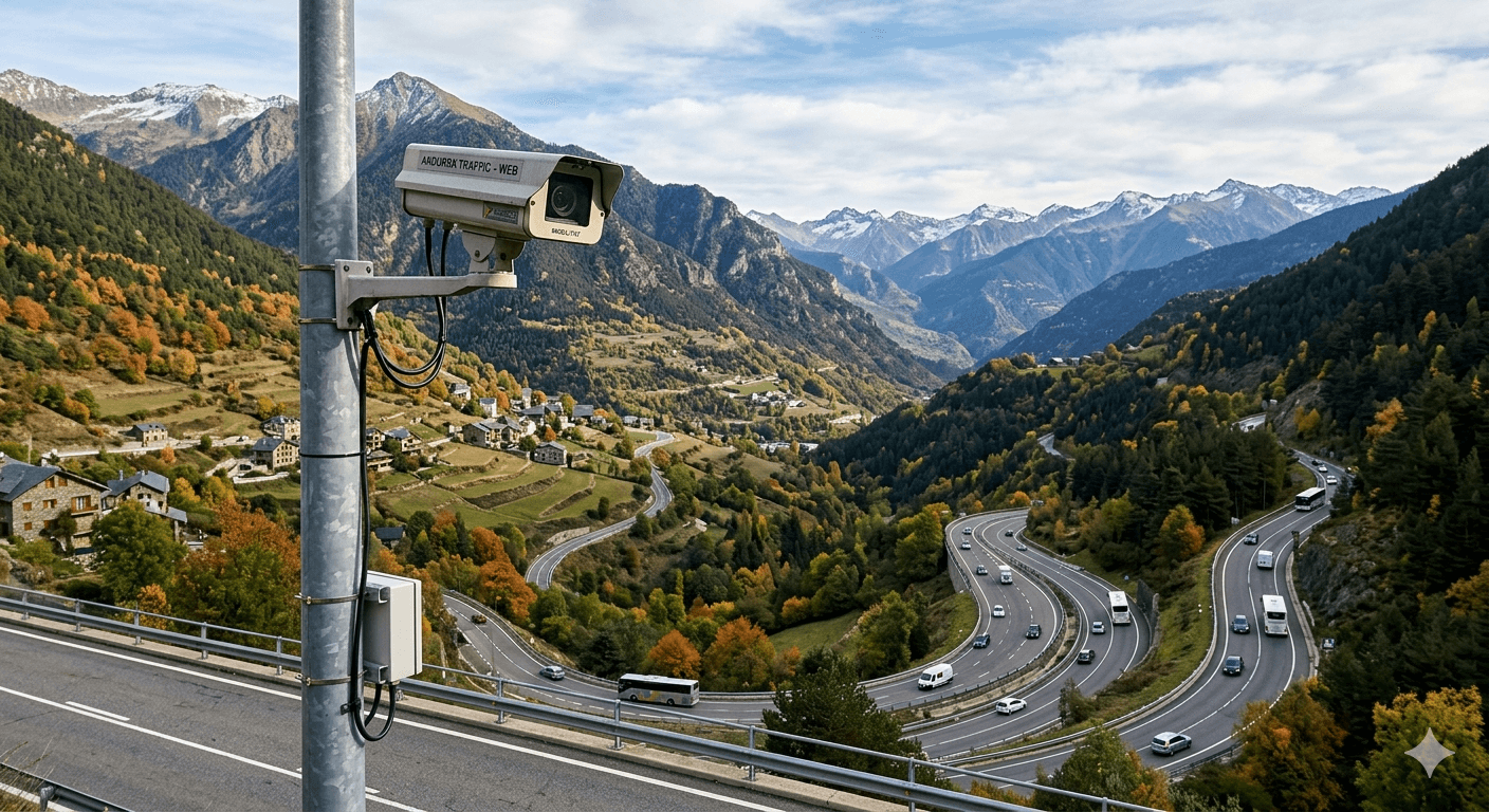 camara de seguridad donde se pueden apreciar las montañas y todo el paisaje de andorra y sus valles y las carreteras con tráfico.