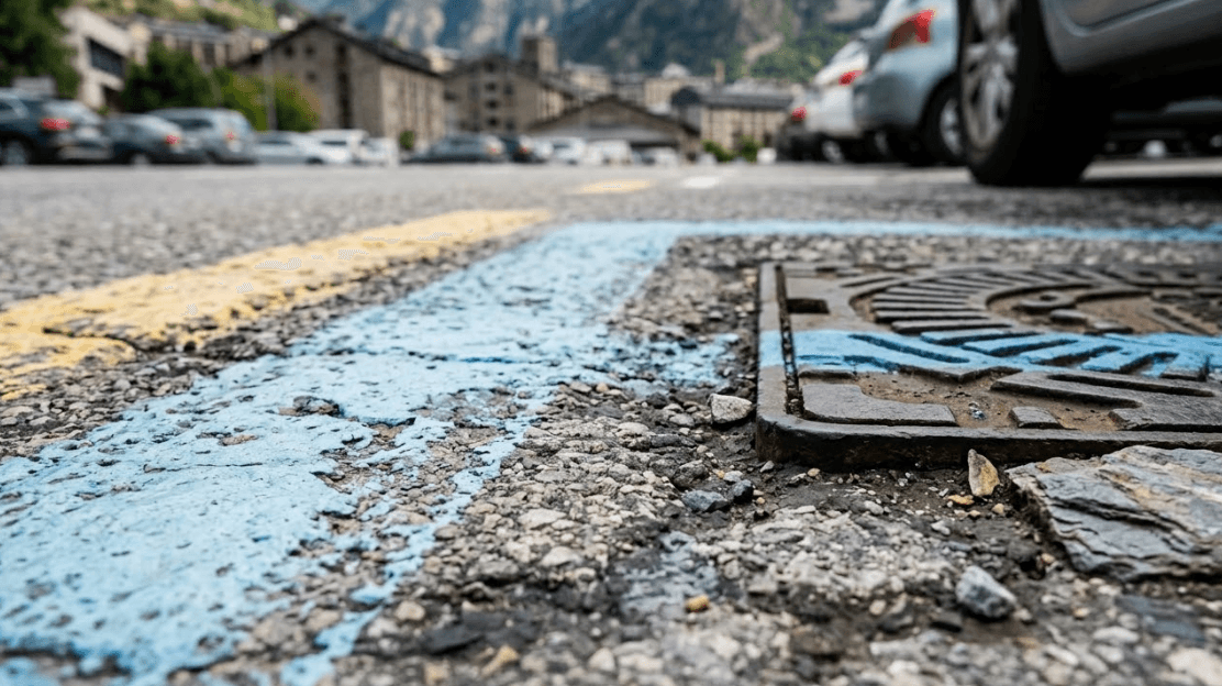 Una vista de ángulo bajo de una superficie de asfalto con líneas pintadas de amarillo y azul, y una tapa de alcantarilla metálica parcialmente cubierta de pintura azul. Coches y edificios borrosos son visibles al fondo.