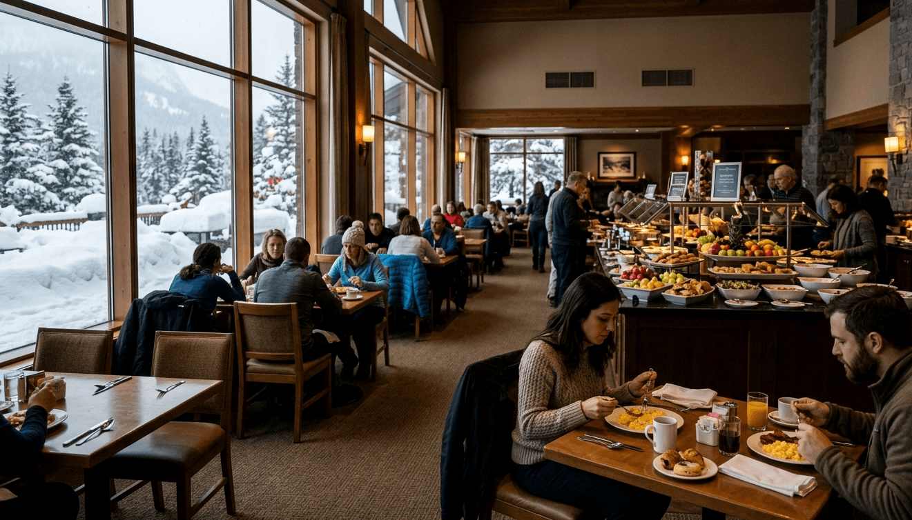 Un amplio comedor de hotel con grandes ventanales que dan a un paisaje montañoso nevado. Los huéspedes disfrutan de un desayuno buffet, algunos sentados en mesas y otros sirviéndose de una larga variedad de comida.