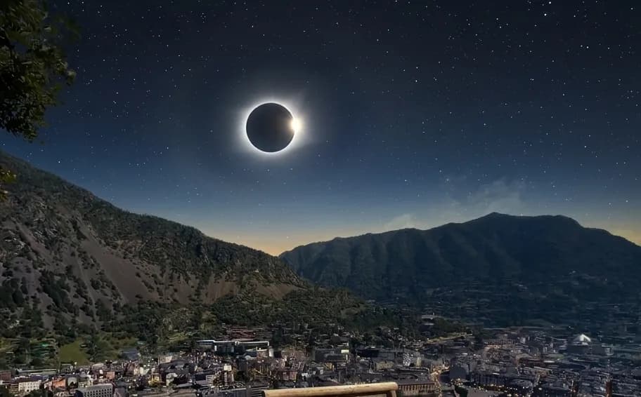 Un eclipsi solar total amb una corona brillant il·lumina un cel nocturn estelat sobre una ciutat enclavada entre muntanyes.