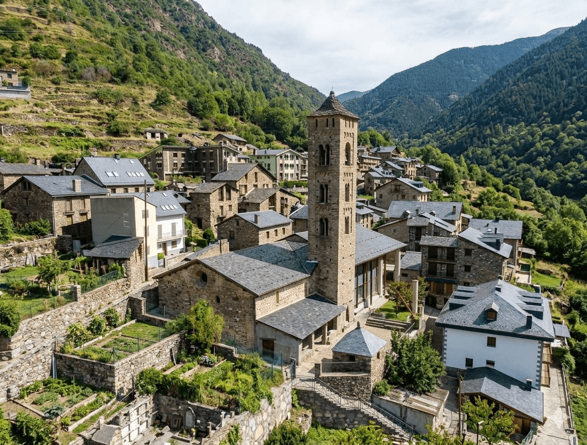 Vista aérea en ángulo elevado de una iglesia románica de piedra con un alto campanario cuadrado, situada en un pueblo de montaña con casas de piedra y tejados de pizarra negra. El paisaje muestra laderas verdes empinadas bajo un cielo parcialmente nublado.