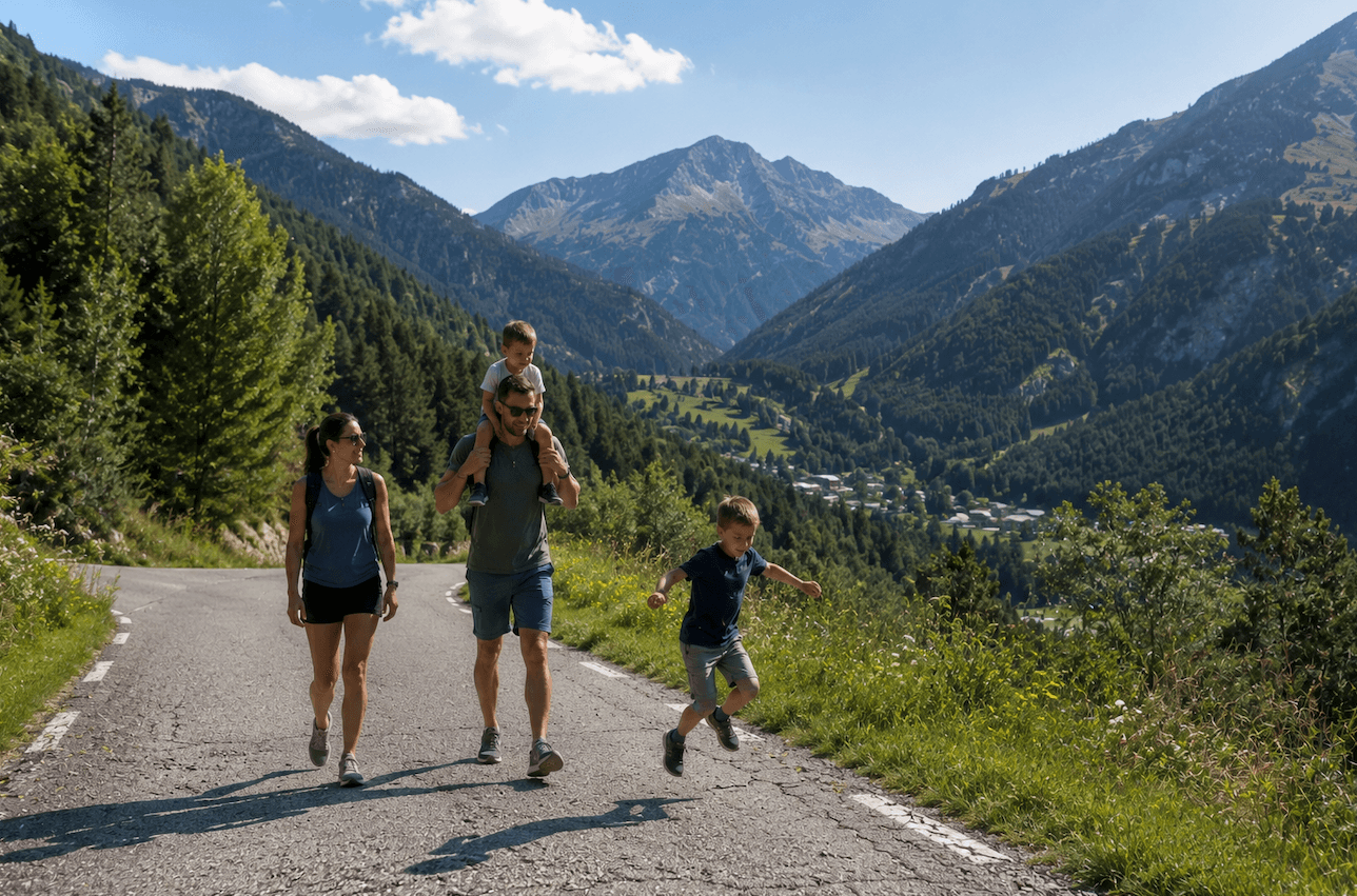 Una familia de cuatro, con el padre llevando a un niño sobre sus hombros y otro niño corriendo, camina por una carretera de montaña con un valle pintoresco y un pueblo al fondo.
