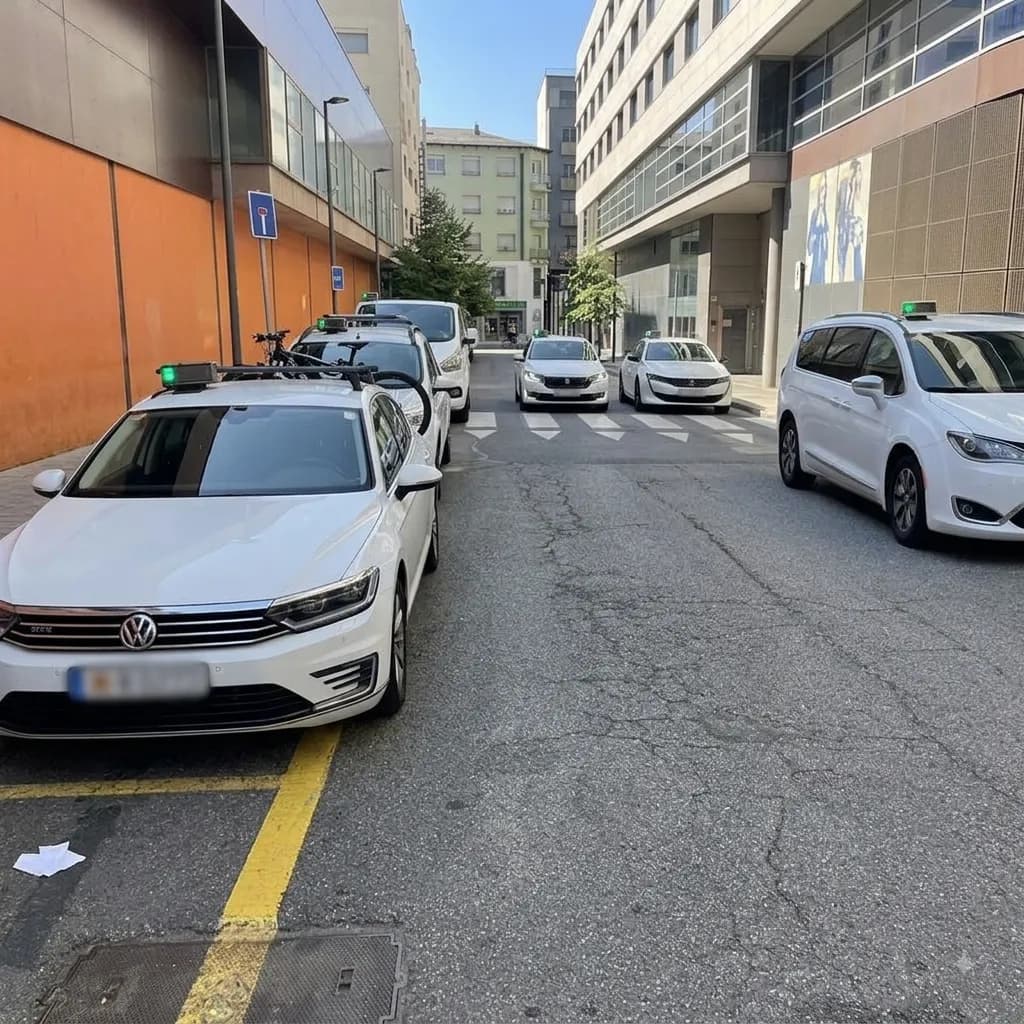 Una escena de carrer amb diversos cotxes blancs, molts dels quals semblen ser taxis amb llums verdes al sostre, aparcats al llarg dels dos costats d'un carrer estret entre edificis.