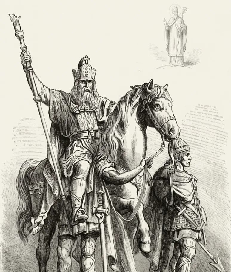 Una antiga il·lustració representa un rei barbut a cavall, sostenint un bastó, amb un soldat agafant la brida del cavall. A la part superior dreta, una imatge més petita mostra un sant.