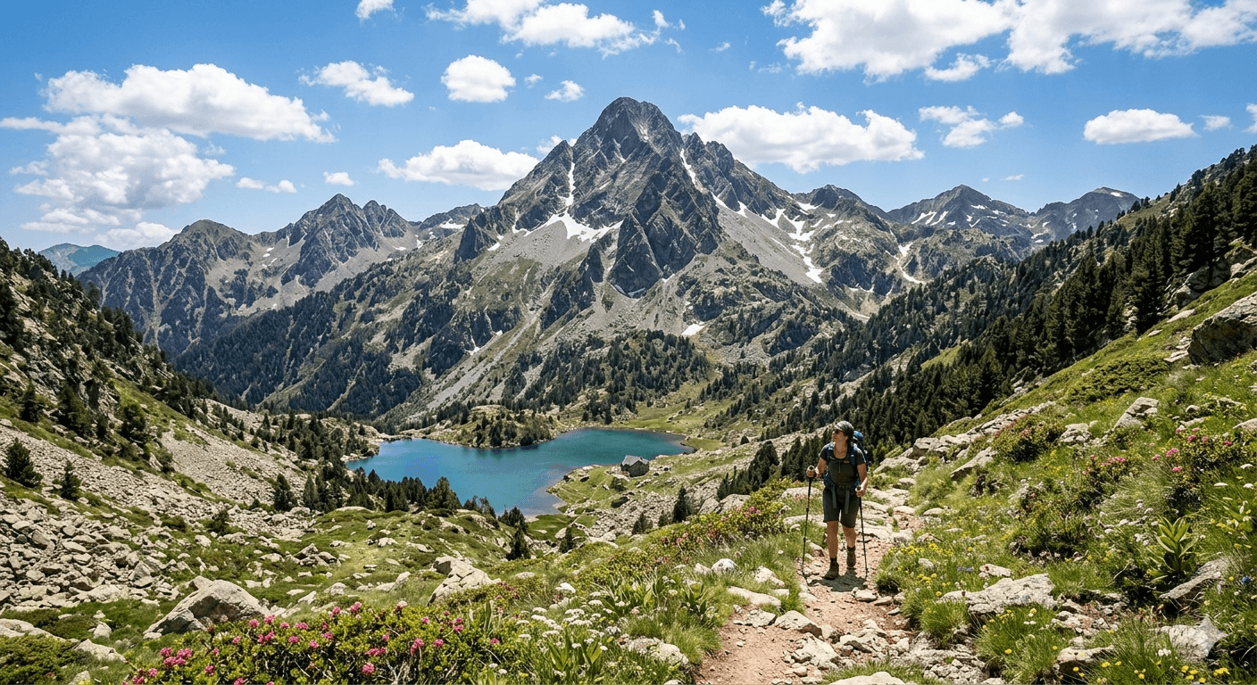 Un excursionista camina por un sendero rocoso con vistas a un lago de montaña turquesa y picos majestuosos bajo un cielo azul. El paisaje está salpicado de vegetación verde y flores silvestres de colores.
