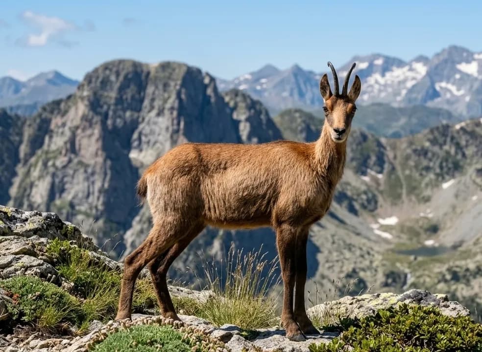 Un isard marró amb petites banyes es troba dret en un vessant rocós de muntanya, mirant directament a l'espectador. Pics nevats i un cel blau són visibles al fons.