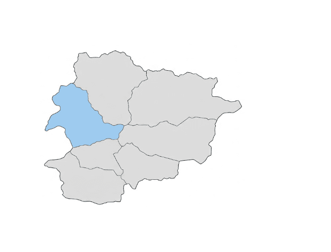 Un mapa de Andorra que resalta la parroquia de La Massana en azul. Las otras parroquias se muestran en gris claro.