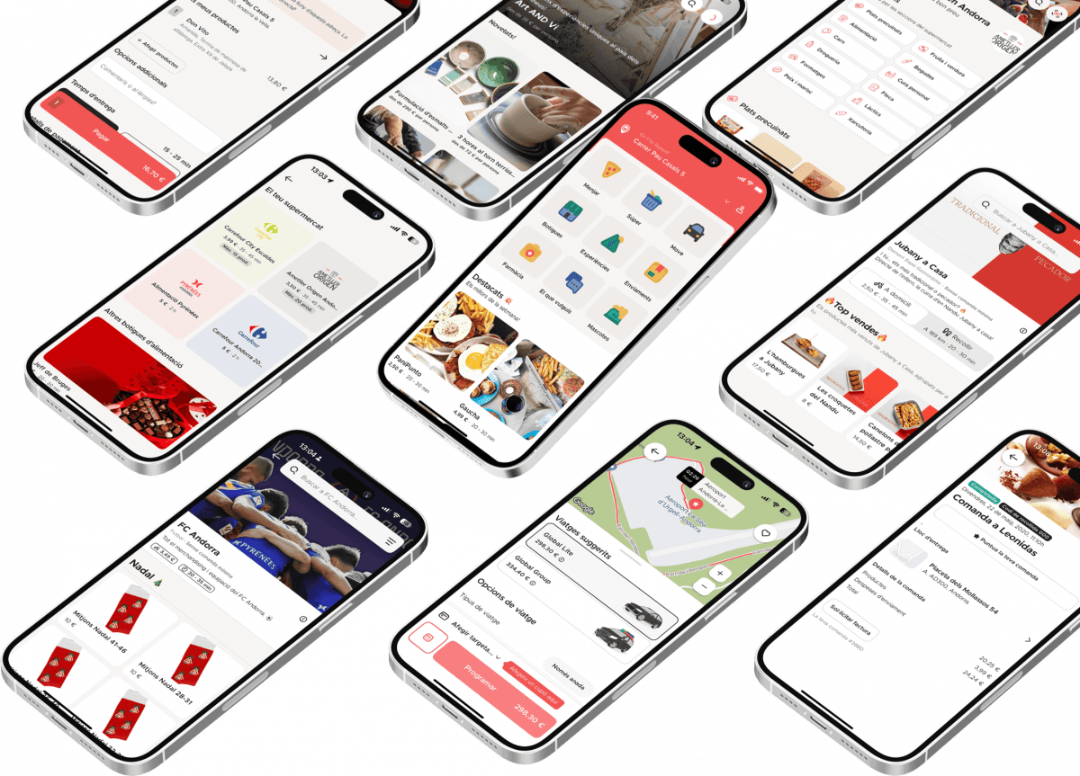 Múltiples smartphones blancos con diversas pantallas de aplicaciones móviles, mostrando interfaces para entrega de comida, compras de supermercado, transporte y merchandising deportivo, todo sobre un fondo oscuro.