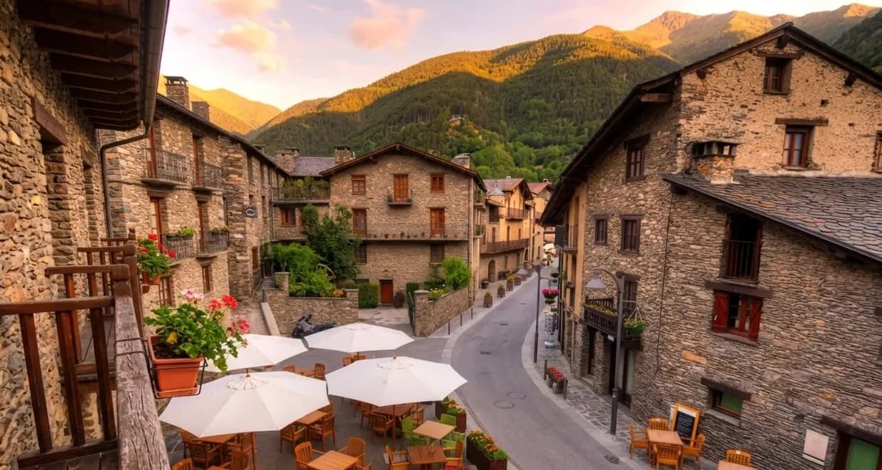 Un carrer pintoresc d'un poble de pedra amb una cafeteria a l'aire lliure sota para-sols blancs, envoltat d'edificis tradicionals i muntanyes verdes sota un cel càlid.