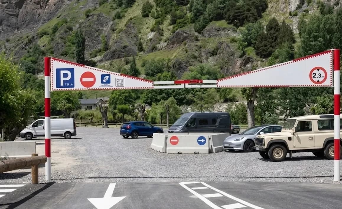 Una entrada de estacionamiento con una barrera de restricción de altura roja y blanca fijada en 2.3m. Varios coches están estacionados en el aparcamiento de grava, incluyendo una furgoneta blanca, un SUV azul, una furgoneta camper gris oscuro, un coche plateado y un SUV beige, con un telón de fondo de una montaña verde y arbolada.
