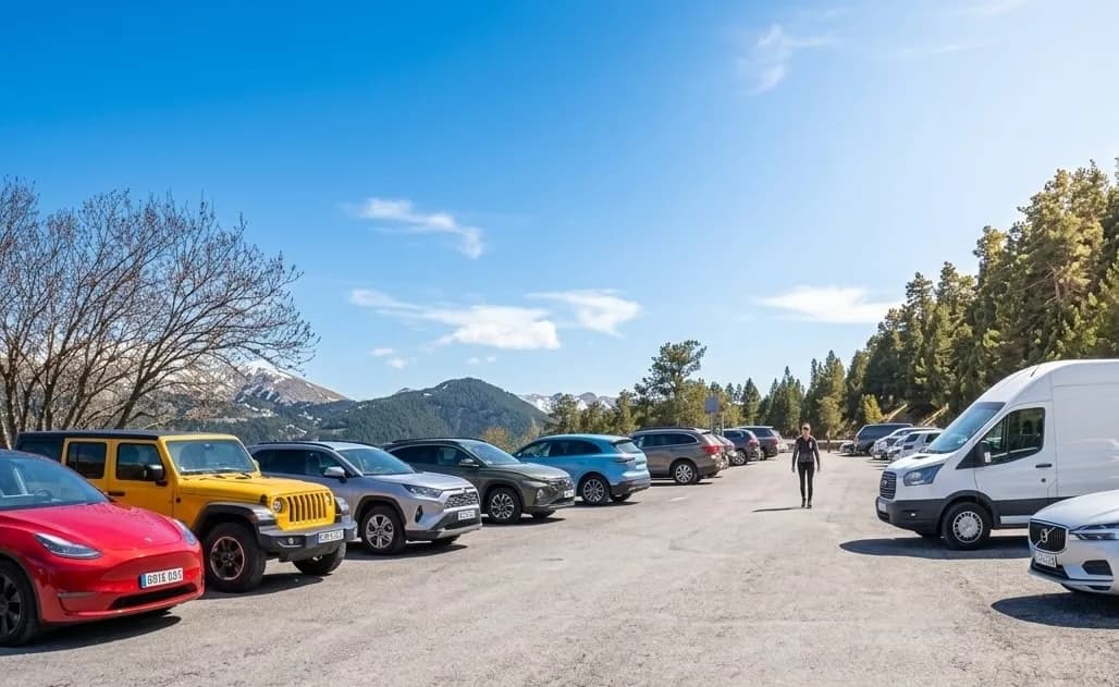 Un aparcamiento lleno de coches y una furgoneta blanca, con una persona caminando en el centro. Montañas nevadas y pinos son visibles al fondo bajo un cielo azul claro.