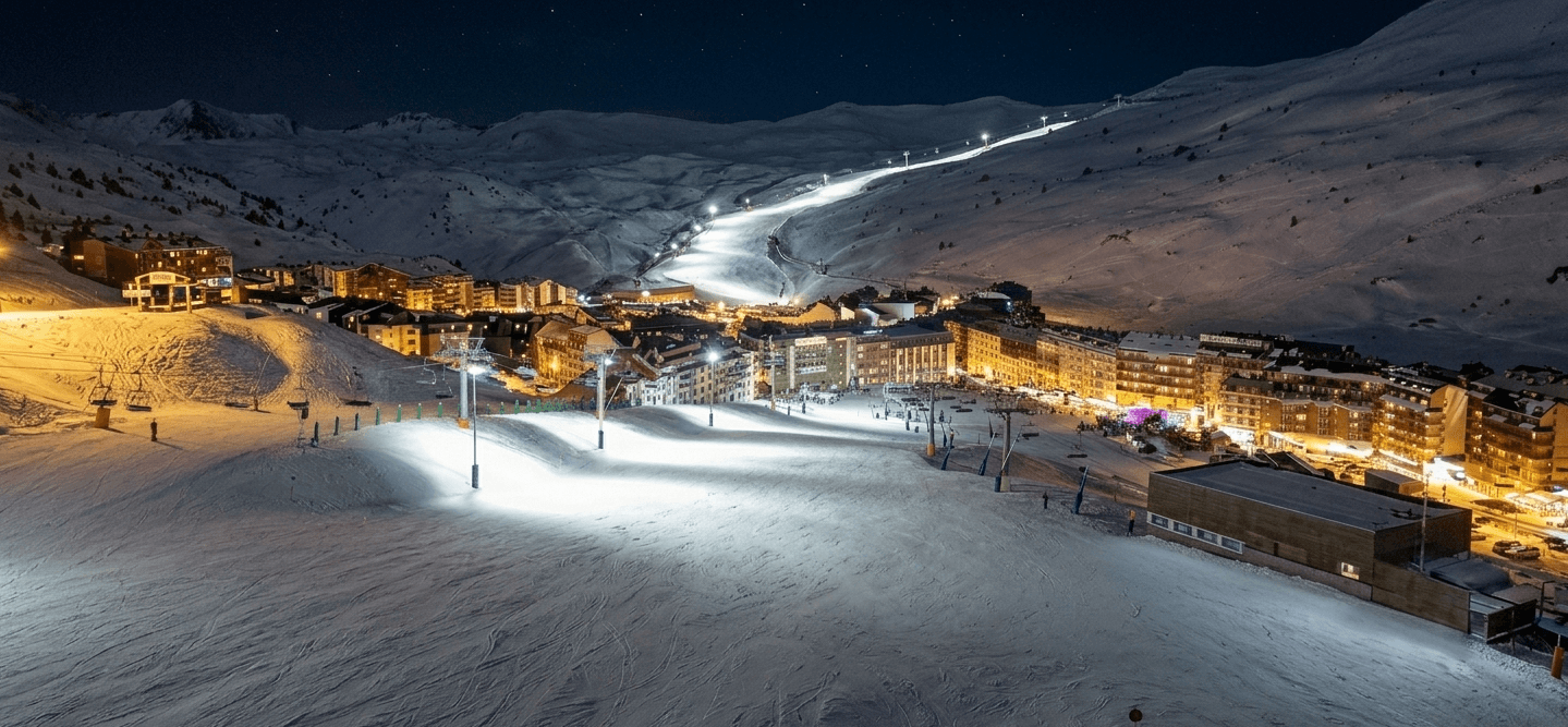 Una vista panoràmica nocturna d'una animada estació d'esquí, amb edificis brillantment il·luminats en una vall coberta de neu i pistes d'esquí il·luminades amb telecadires sota un cel estrellat.