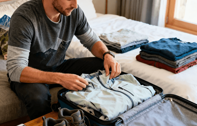 Un hombre sentado en una cama empaca cuidadosamente una chaqueta azul claro en una maleta abierta. Se ven pilas de ropa doblada en la cama y botas de montaña en primer plano.