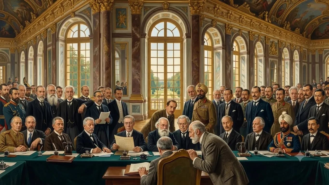 Un gran grup d'homes, alguns amb vestits i altres amb uniformes militars, estan reunits en un gran i ornamentat saló amb finestres altes. Diversos homes estan asseguts a una llarga taula, semblant signar documents, mentre altres observen dempeus.