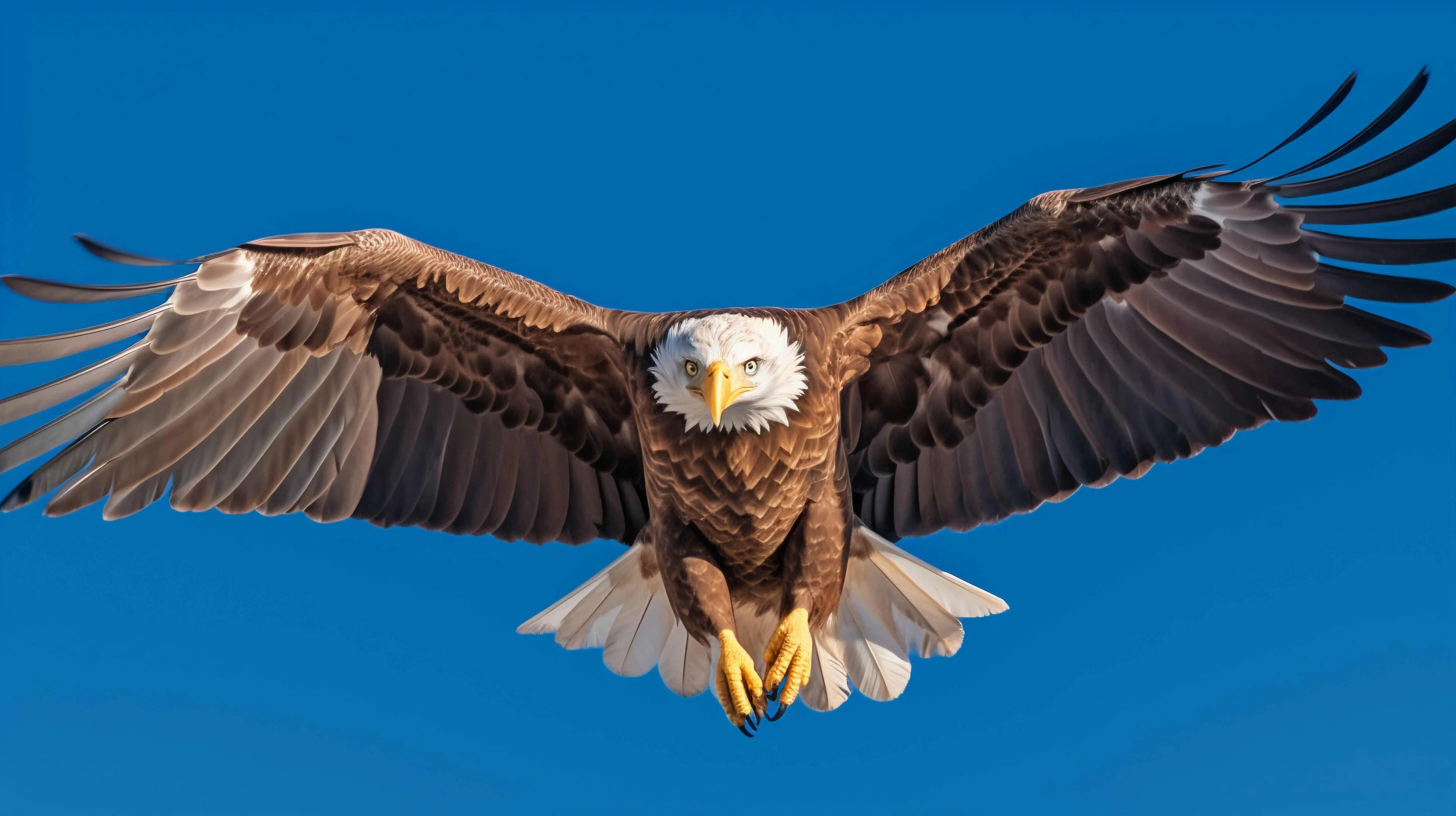 Una àguila calba amb les ales completament esteses vola directament cap a l'espectador contra un cel blau clar. El seu cap blanc, bec groc i urpes són prominents.