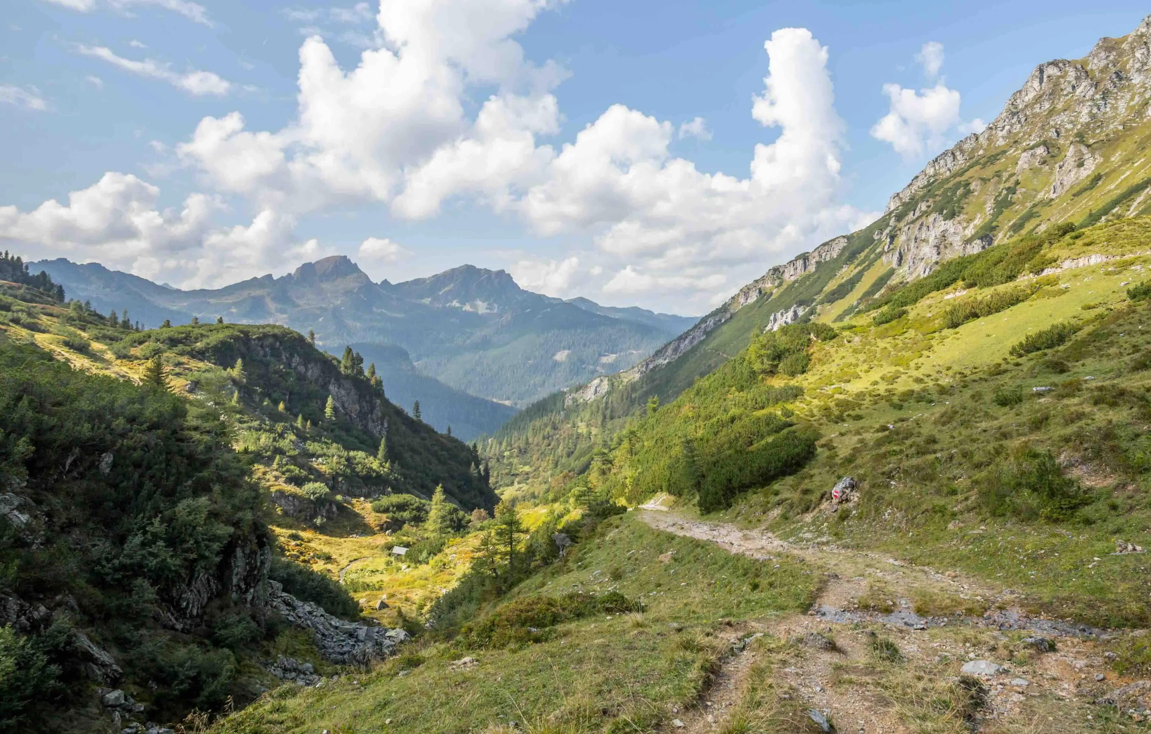 Una pintoresca vall de muntanya amb un camí de terra serpentejant. Les vessants verdes i els cims rocosos s'eleven sota un cel blau amb núvols blancs.