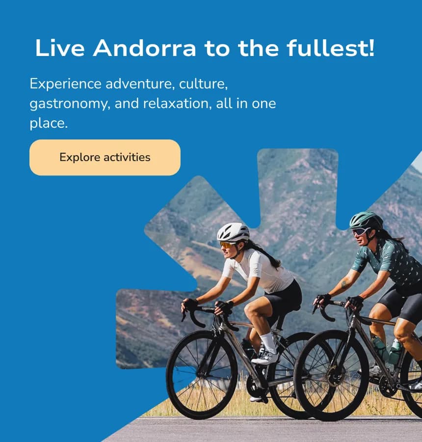 Two women in cycling gear ride bicycles on a road with mountains in the background, alongside text promoting adventure and activities in Andorra.