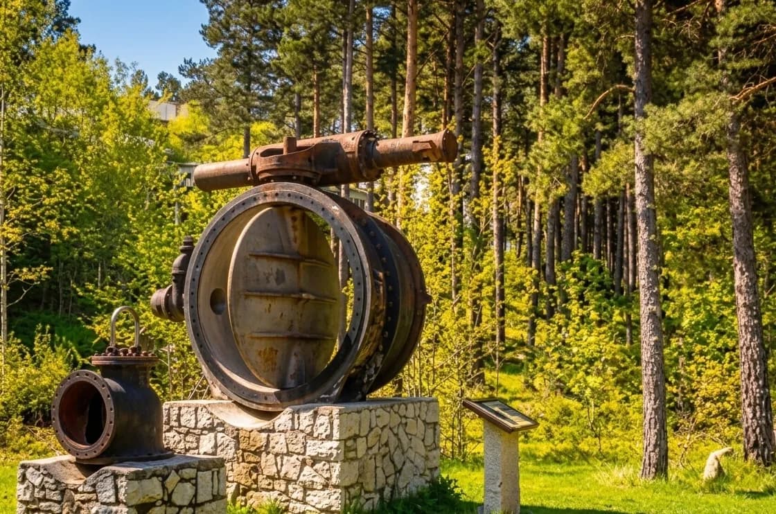 Grans canonades i vàlvules industrials rovellades s'exhibeixen sobre pedestals de pedra en un parc verd i assolellat amb arbres alts.