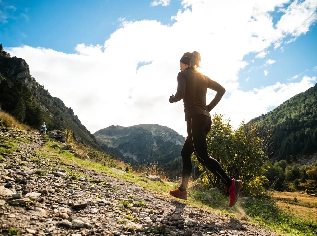Una persona corre per un sender rocós de muntanya amb el sol darrere, creant una resplendor brillant. Muntanyes i un cel blau amb núvols es veuen al fons, i un altre corredor és visible més endavant al camí.