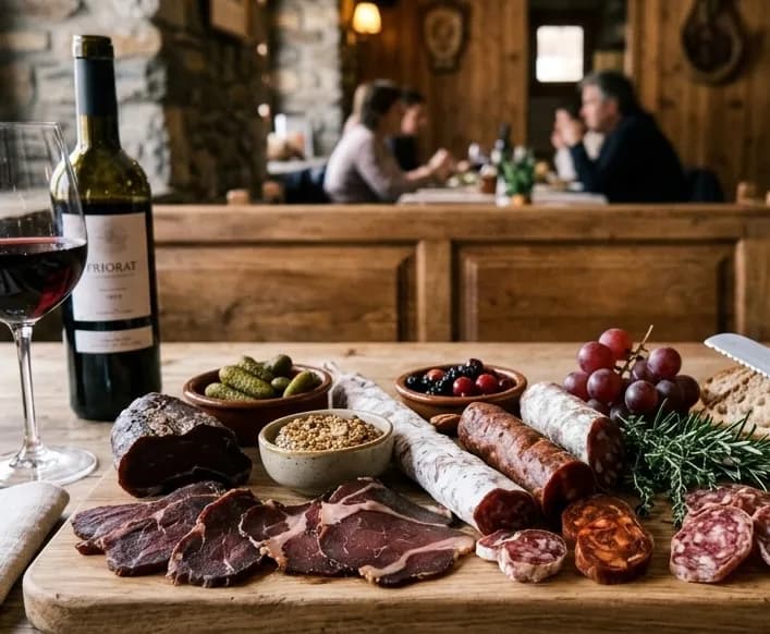 Una taula rústica de fusta amb embotits variats, salsitxes, raïm, baies, cogombrets i mostassa, acompanyada d'una ampolla i una copa de vi negre. Al fons, persones sopant en un ambient de restaurant acollidor.