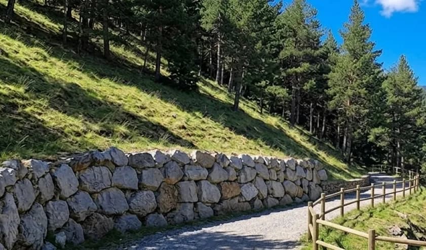 Un camí de grava serpenteja per un vessant assolellat i boscós. Un mur de pedra voreja el costat esquerre del camí, i una tanca de fusta voreja el dret, pujant per un pendent cobert de pins.