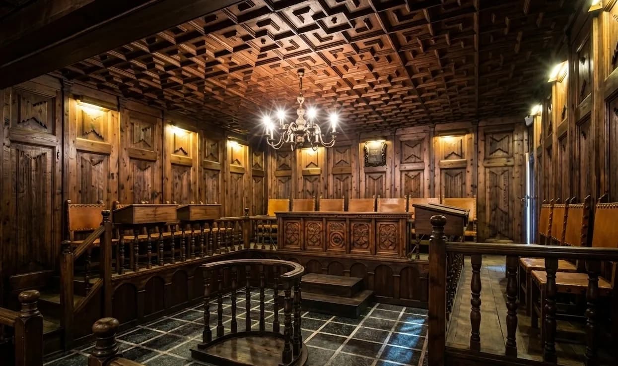 Una sala ricament decorada amb panells de fusta fosca a les parets i un sostre artesonat amb patrons geomètrics. Un canelobre penja al centre, il·luminant el mobiliari de fusta ornamentat, que inclou bancs, un escriptori central tallat i una barana, tot sobre un terra de rajoles fosques.