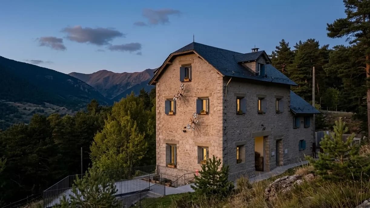 Una casa de pedra amb teulada fosca i figures decoratives d'insectes a la façana s'alça enmig d'un bosc, amb muntanyes al fons sota un cel blau.