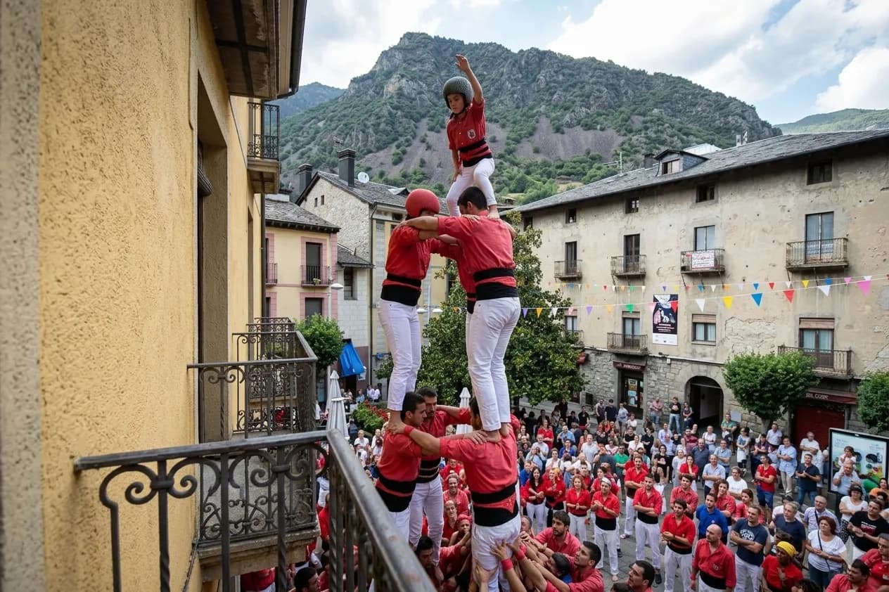 S'està construint una torre humana (castell) en una plaça del poble, amb diverses persones amb samarretes vermelles i pantalons blancs formant l'estructura de diversos nivells. Una gran multitud observa com la persona de dalt, amb casc, arriba al cim, amb edificis antics i muntanyes al fons.