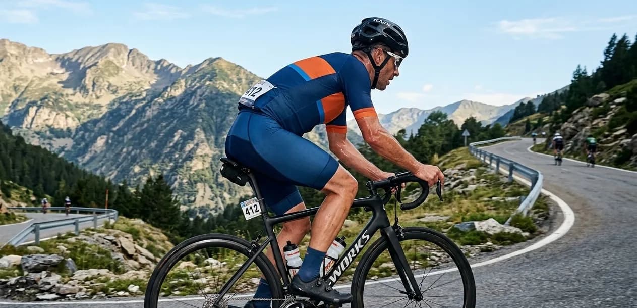 A male cyclist in a blue and orange kit rides a black road bike on a winding mountain road. He is wearing a helmet and sunglasses, with mountains and other cyclists visible in the background.