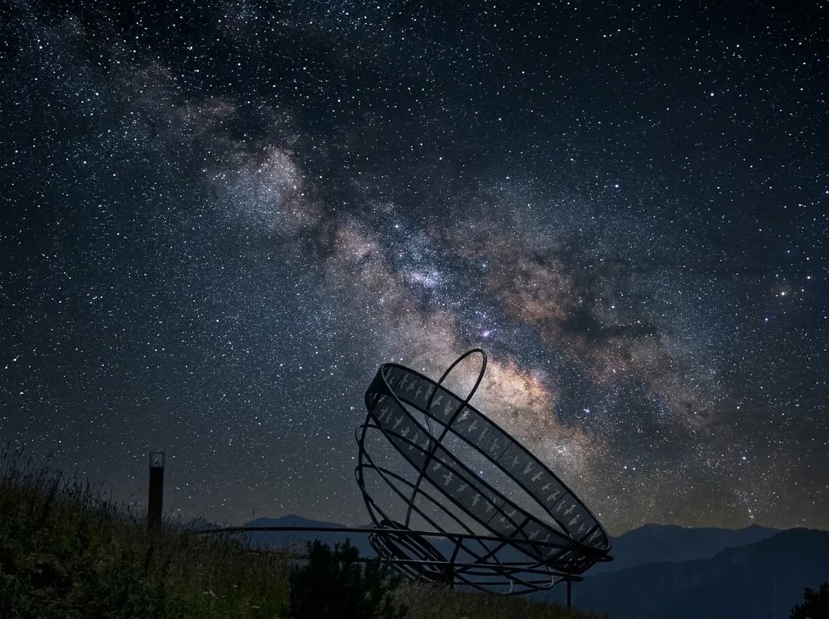 Una gran escultura esfèrica de metall fosc amb un patró de gelosia s'alça sobre un turó herbós sota un cel nocturn brillant ple de la Via Làctia i innombrables estrelles.