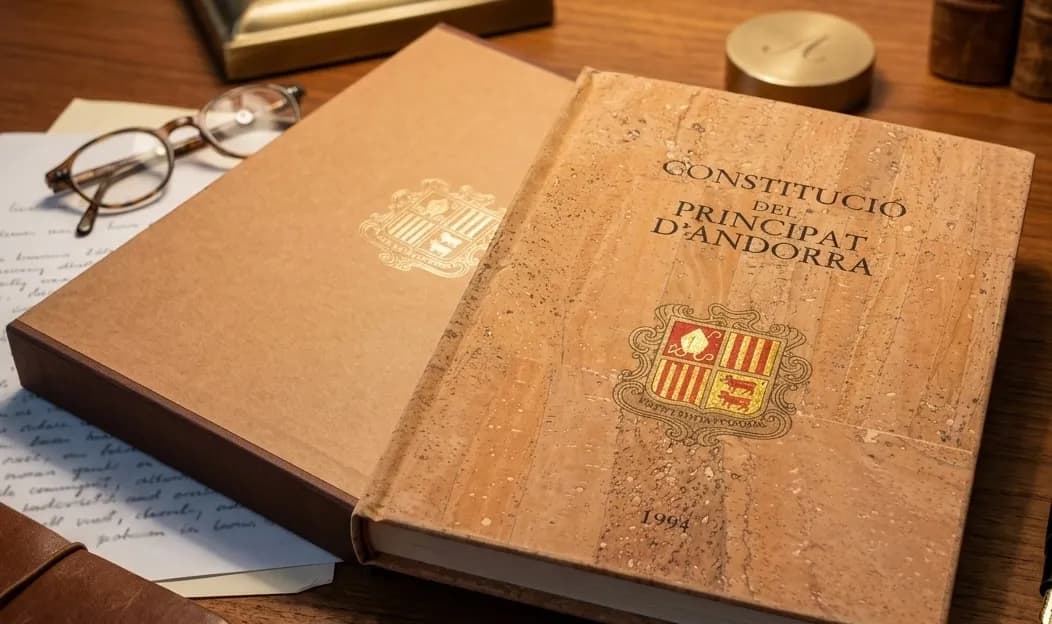 Un llibre titulat 'Constitució del Principat d'Andorra' amb l'escut d'Andorra a la seva portada, damunt un escriptori de fusta al costat de la seva caixa protectora, amb ulleres i papers al fons.