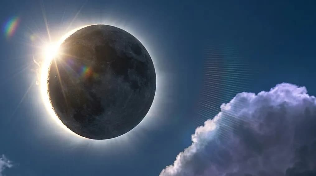 Un eclipsi solar amb la lluna cobrint la major part del sol, creant un halo brillant i reflexos de lent contra un cel blau amb núvols.