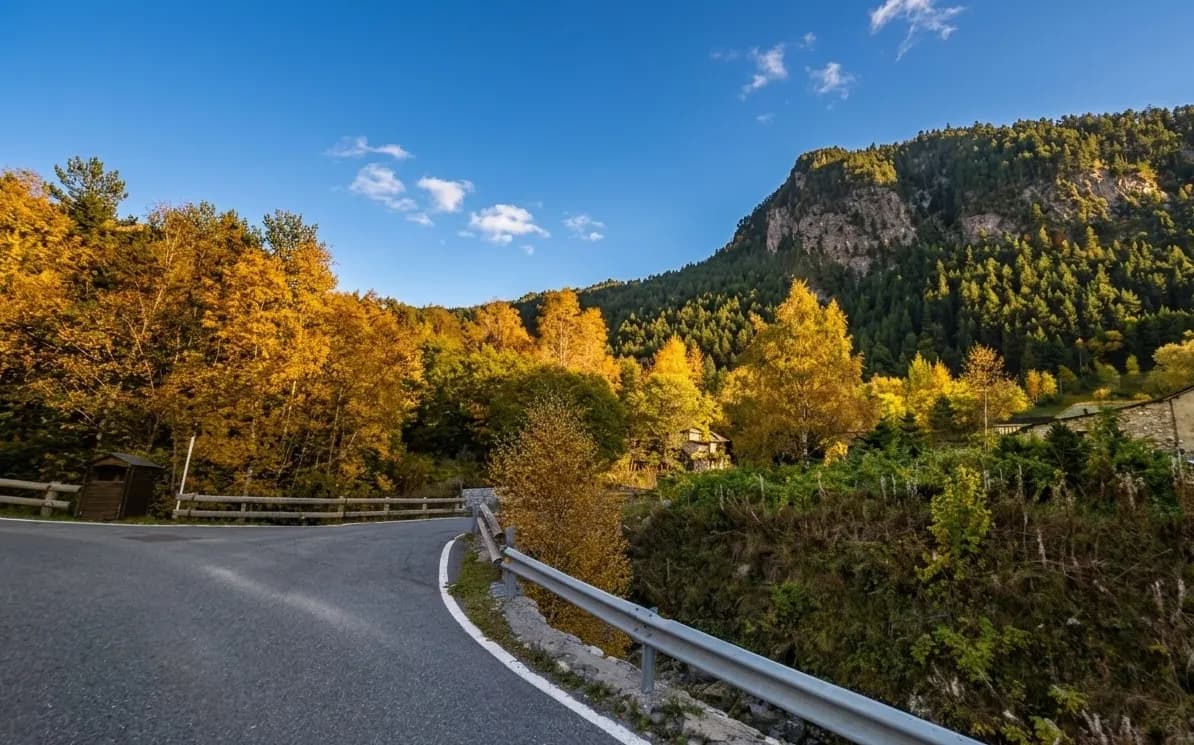 Una carretera sinuosa serpenteja a través d'un vibrant bosc de tardor amb arbres grocs i taronges sota un cel blau clar, amb una muntanya al fons.