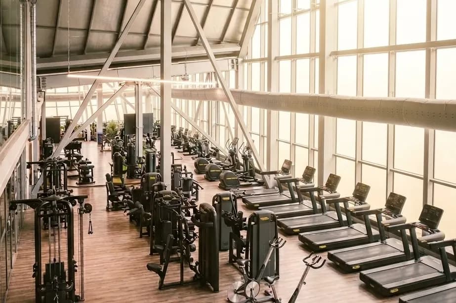 Un gimnàs modern i espaiós amb fileres de cintes de córrer i màquines de cardio al llarg d'una gran paret de finestrals, i diversos equips d'entrenament de força en primer i segon pla. El gimnàs presenta un sostre alt amb bigues exposades i un terra de fusta clara, il·luminat per llum natural.