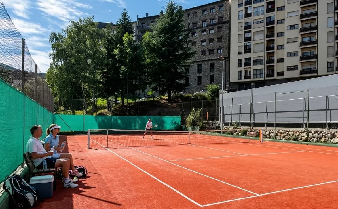 Una pista de tennis vermella amb un jugador al centre i dues persones descansant en un banc amb ampolles d'aigua a l'esquerra. Edificis i arbres es veuen al fons sota un cel blau.