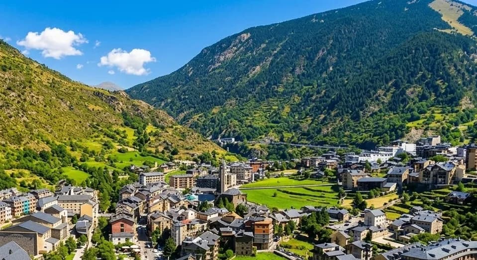 Vista aèria d'un poble en una vall muntanyosa, amb edificis de teulades fosques i una torre d'església. Les muntanyes circumdants estan cobertes de vegetació verda i boscos sota un cel blau amb núvols blancs.