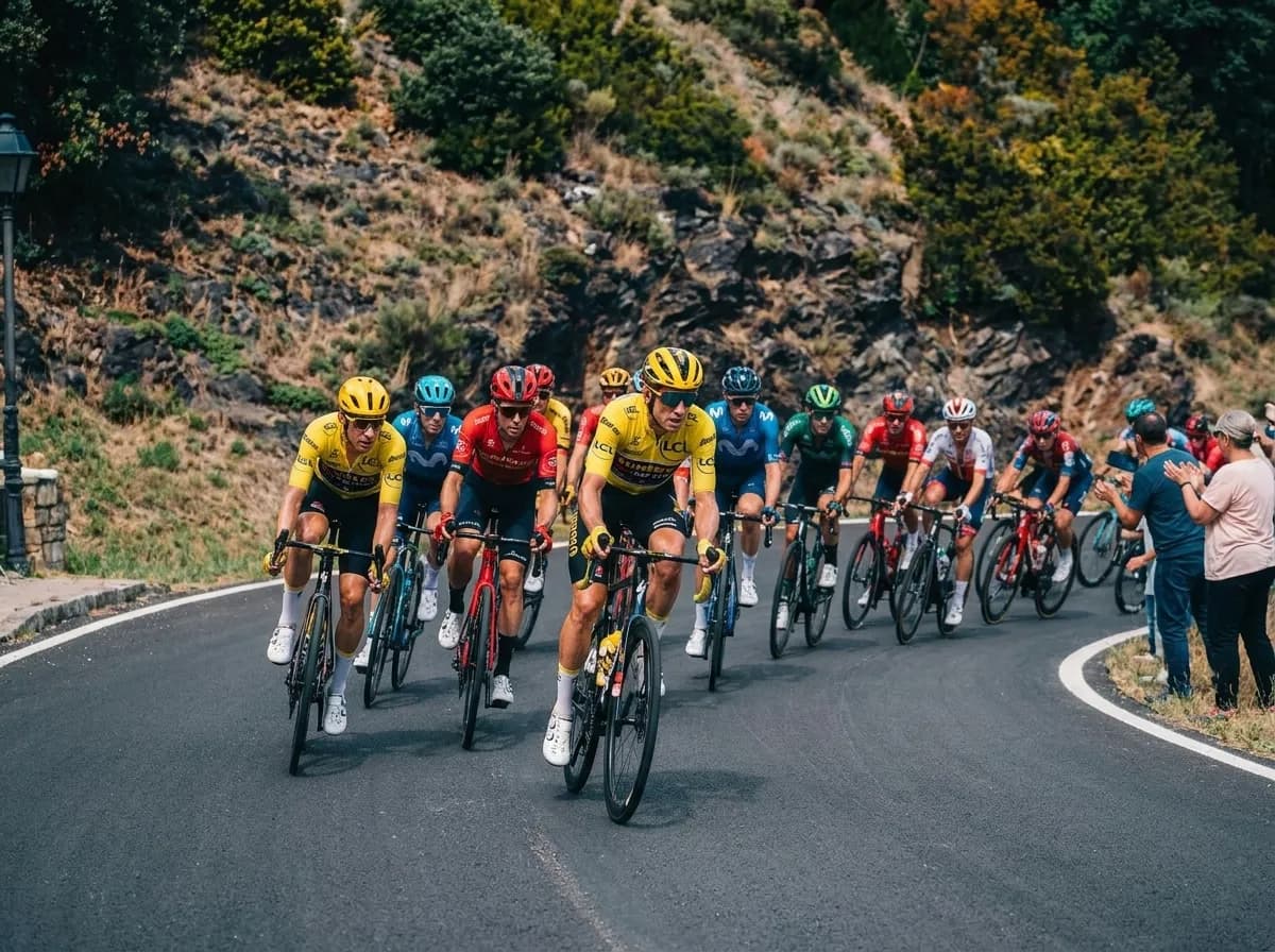 A group of professional cyclists in colorful jerseys and helmets ride their bikes on a winding road, with spectators on the right and a rocky, tree-covered hillside in the background.