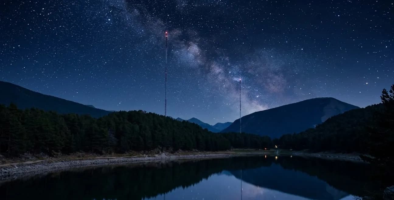 Un paisatge nocturn serè presenta un llac que reflecteix un cel estrellat amb la Via Làctia. Muntanyes i boscos emmarquen l'escena, amb dues altes torres de comunicació visibles contra el teló de fons celestial.