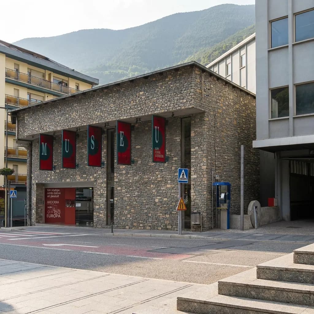 Un edificio revestido de piedra con pancartas rojas que forman 'MUSEU' en su fachada, situado en una calle con un paso de cebra y señales de tráfico. Montañas son visibles al fondo.