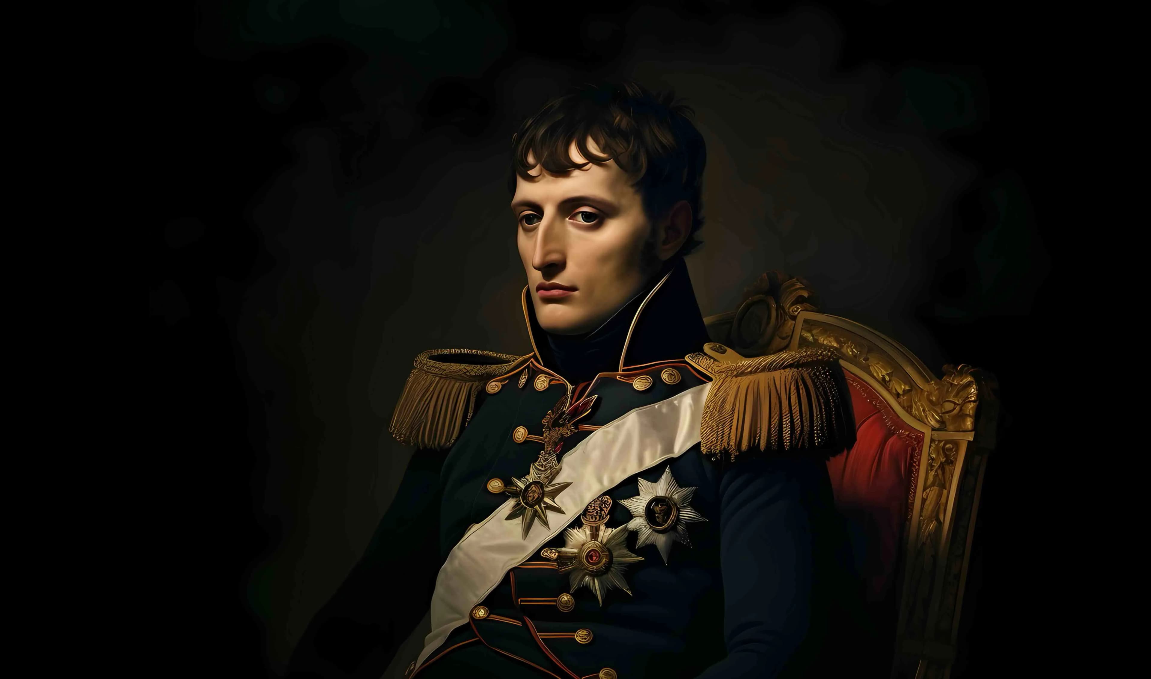 Un retrat de Napoleó Bonaparte assegut, vestint un uniforme militar fosc amb xarreteres daurades, una banda blanca i medalles, sobre un fons fosc. Té una expressió seriosa i està assegut en una cadira ornamentada d'or i vermell.