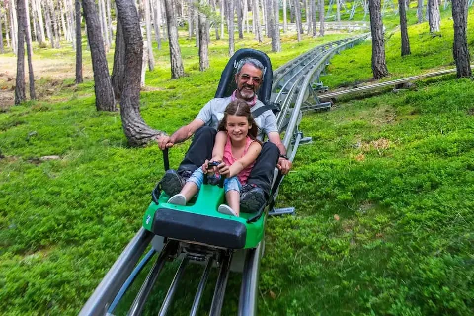 Un home somrient i una nena petita munten en una muntanya russa alpina verda a través d'un bosc amb arbres alts i vegetació verda exuberant.