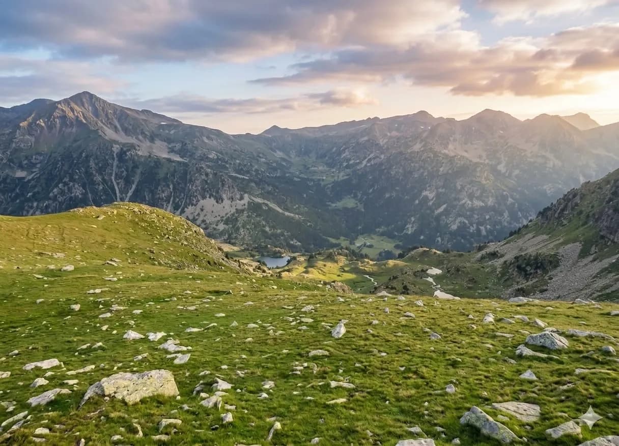 Una vista panoràmica d'un paisatge muntanyós amb un primer pla verd i rocós, una vall amb un llac i cims distants sota un cel ennuvolat amb una càlida resplendor de capvespre.