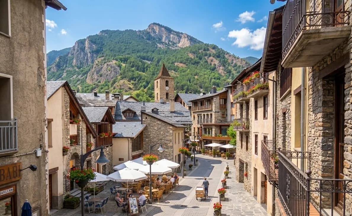 Un carrer pintoresc d'un poble amb edificis de pedra, balcons amb flors i cafeteries a l'aire lliure amb para-sols blancs. Al fons es veuen una torre d'església i una gran muntanya boscosa sota un cel blau.