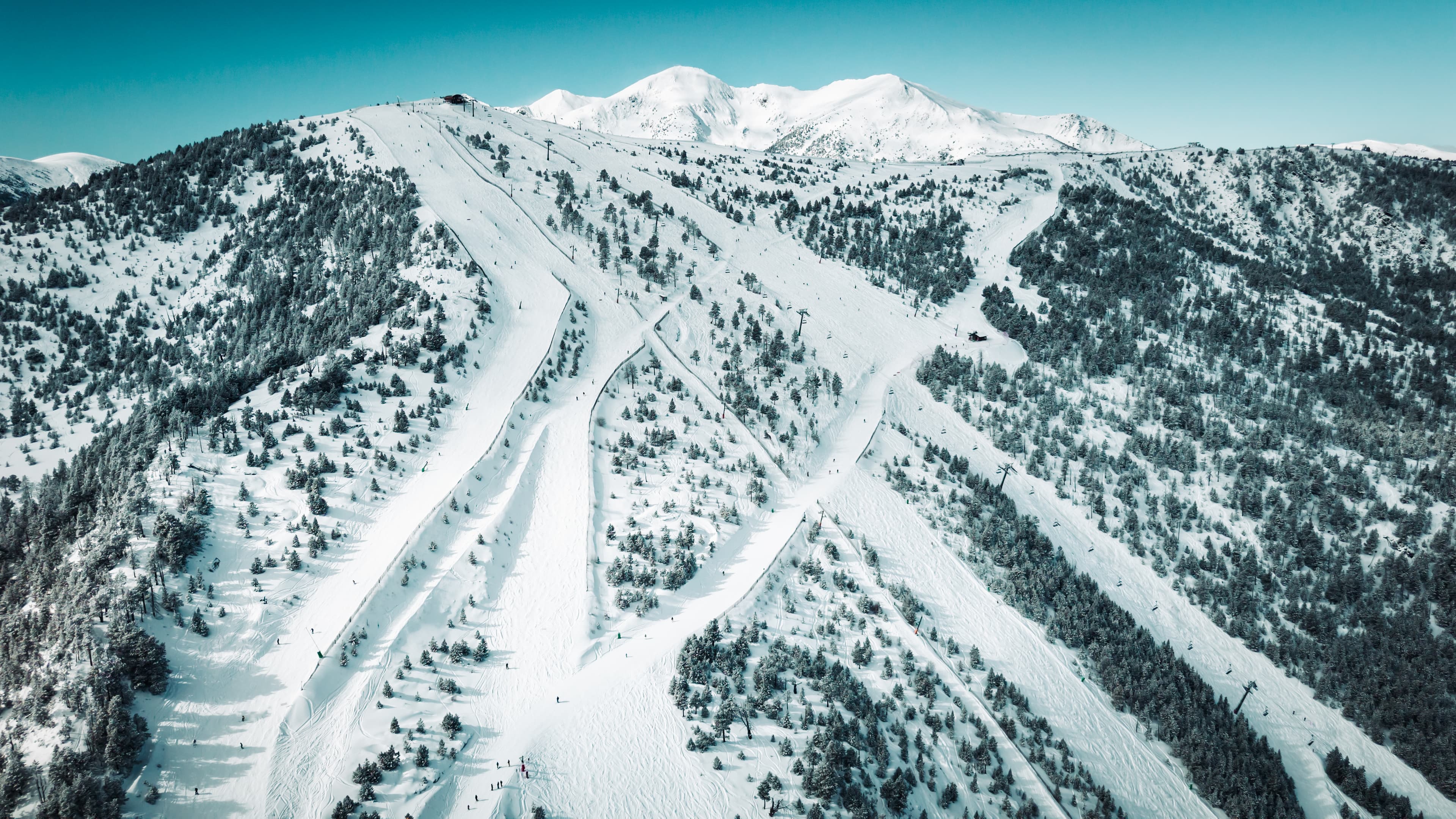 Vista aèria d'una estació d'esquí de muntanya coberta de neu amb múltiples pistes preparades, pins dispersos i remuntadors, sota un cel blau clar amb cims nevats distants.