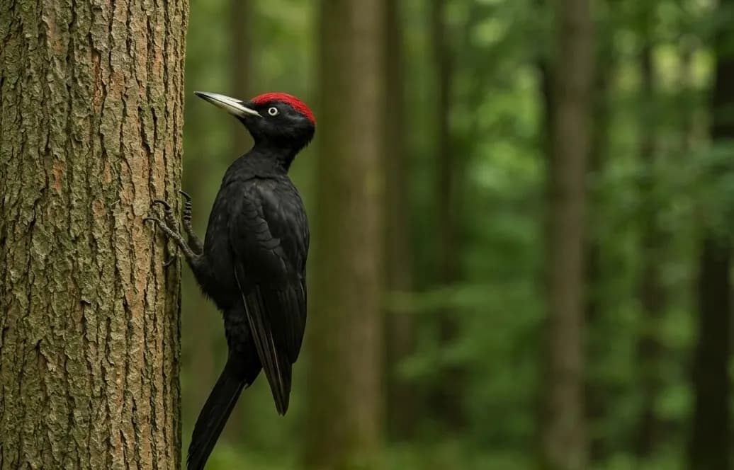 Un picot negre amb una corona vermella s'agafa al tronc d'un arbre, mirant cap amunt. Un bosc verd difuminat és visible al fons.