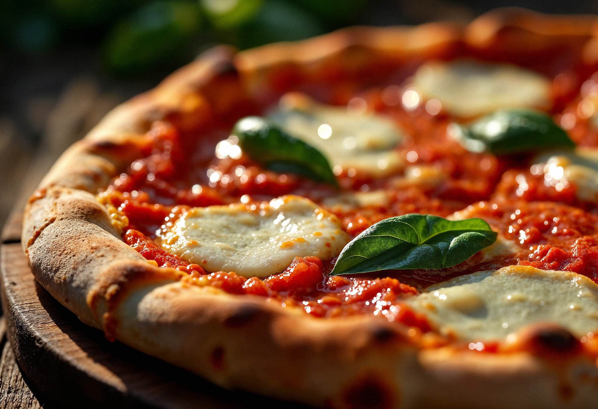 Primer pla d'una pizza acabada de fer amb vibrant salsa de tomàquet, formatge mozzarella fos i fulles d'alfàbrega fresca. Es veu la crosta daurada, suggerint un àpat deliciós i calent.