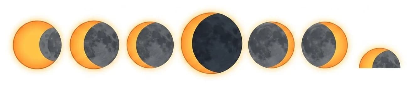 Una seqüència horitzontal de set imatges que representen la progressió d'un eclipsi solar, mostrant la lluna cobrint gradualment i després descobrint el sol taronja brillant.